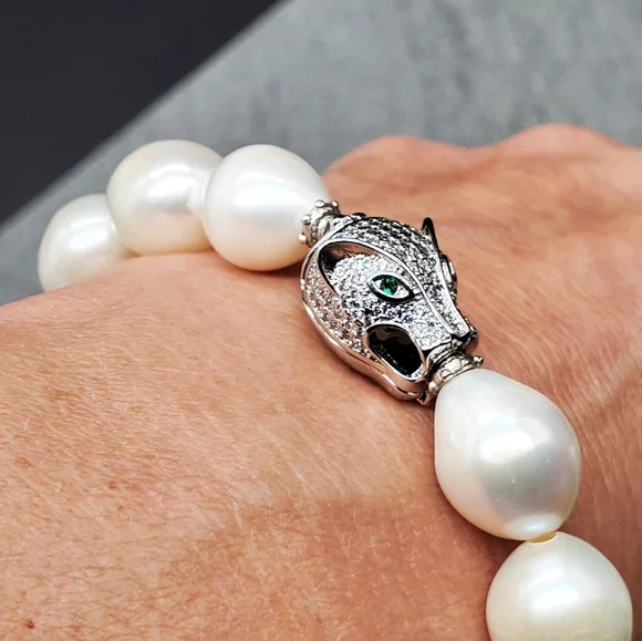 Genuine Freshwater Pearls Bracelet Platinum Pave Diamond Crystals Lion Head